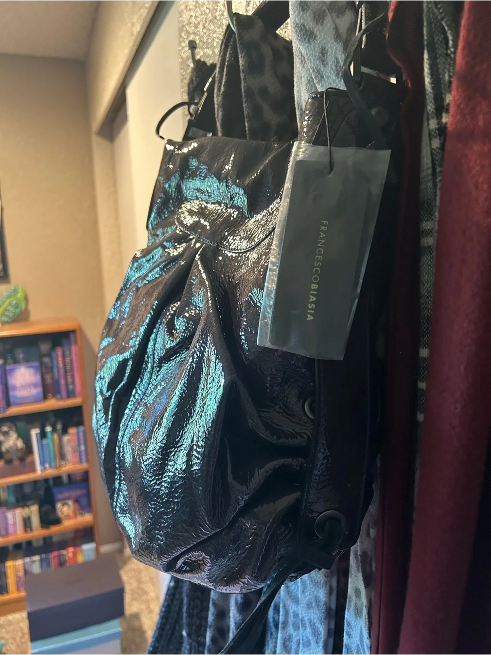 Francesco Biasia Dark Storm Grey Patent Leather Hobo Shoulder Bag